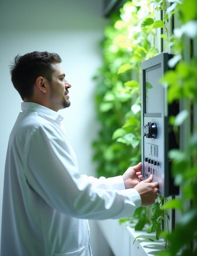 Technician checking irrigation levels on a green wall