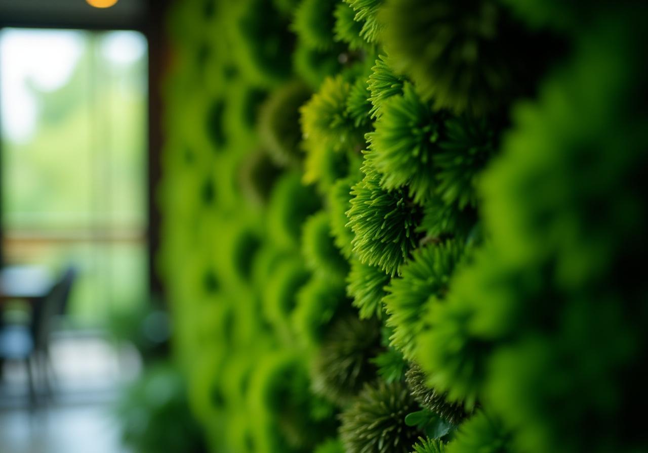 Close up of a lush vertical moss garden wall