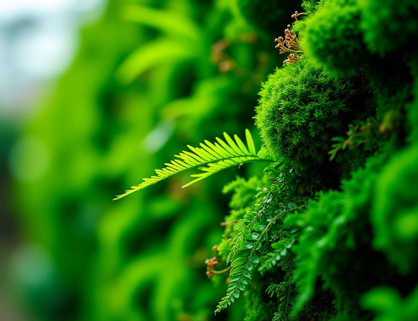 Close up of lush green moss and fern wall texture