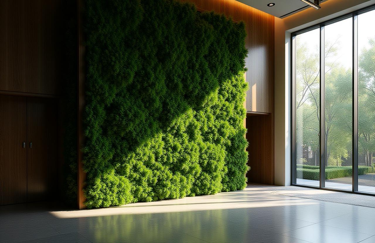 Soft morning light hitting a lush green wall inside a corporate headquarters