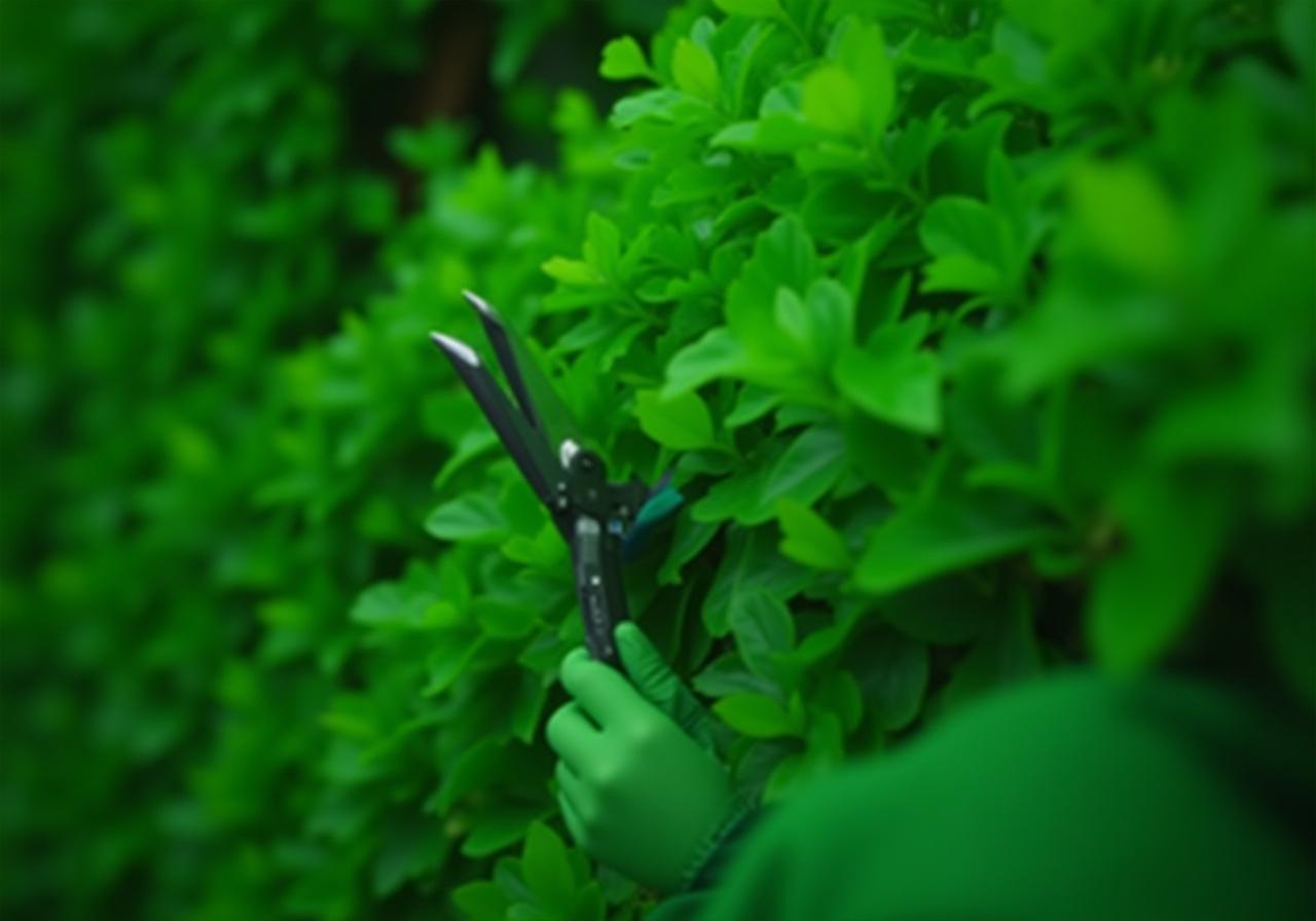 Close up of a lush vertical garden being pruned by a professional