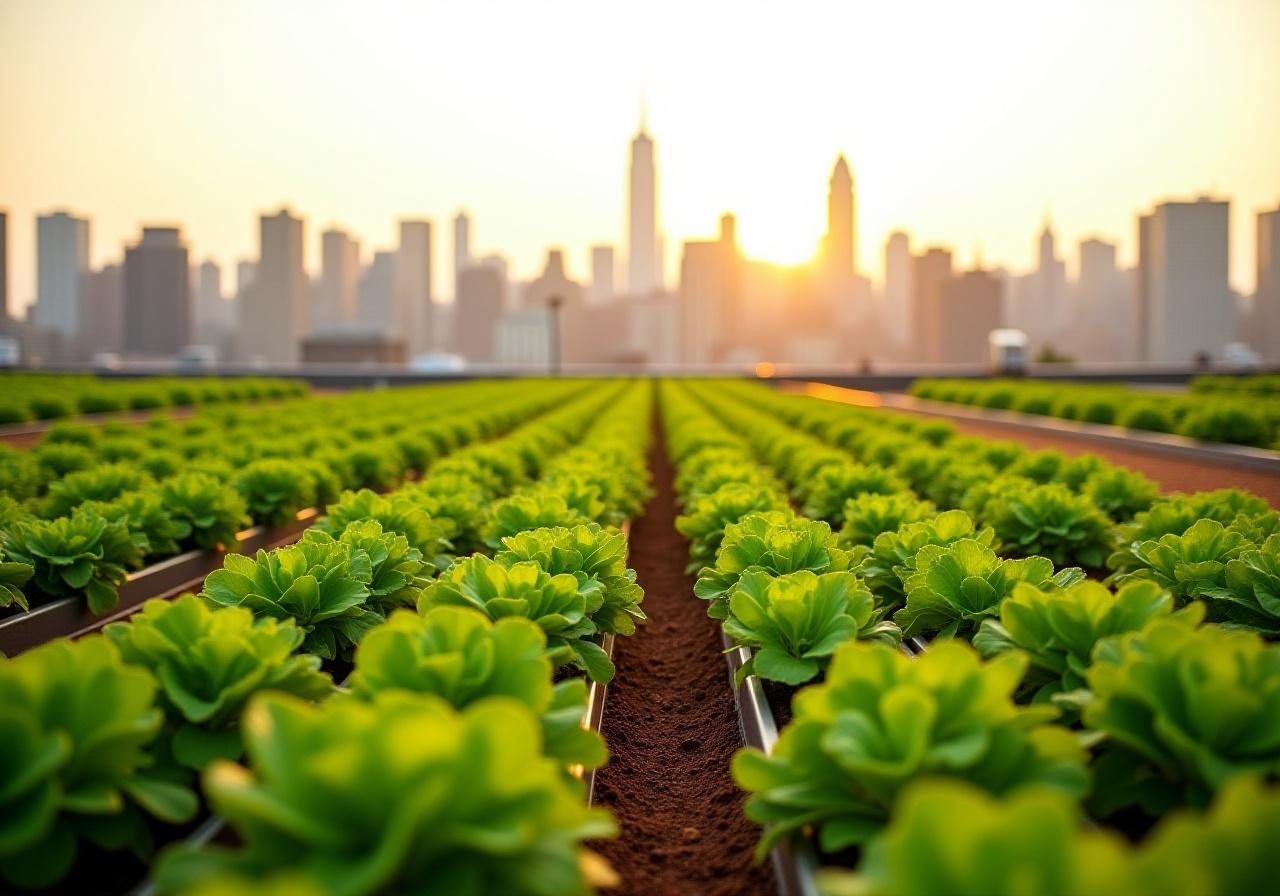 Lush urban rooftop farm with skyline view